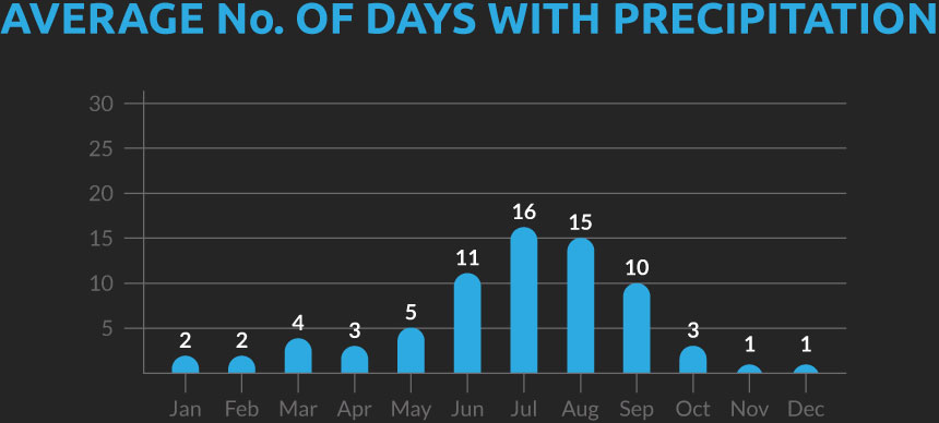 Chart showing the average number of days with precipitation for our Indian Himalayas cycling holiday